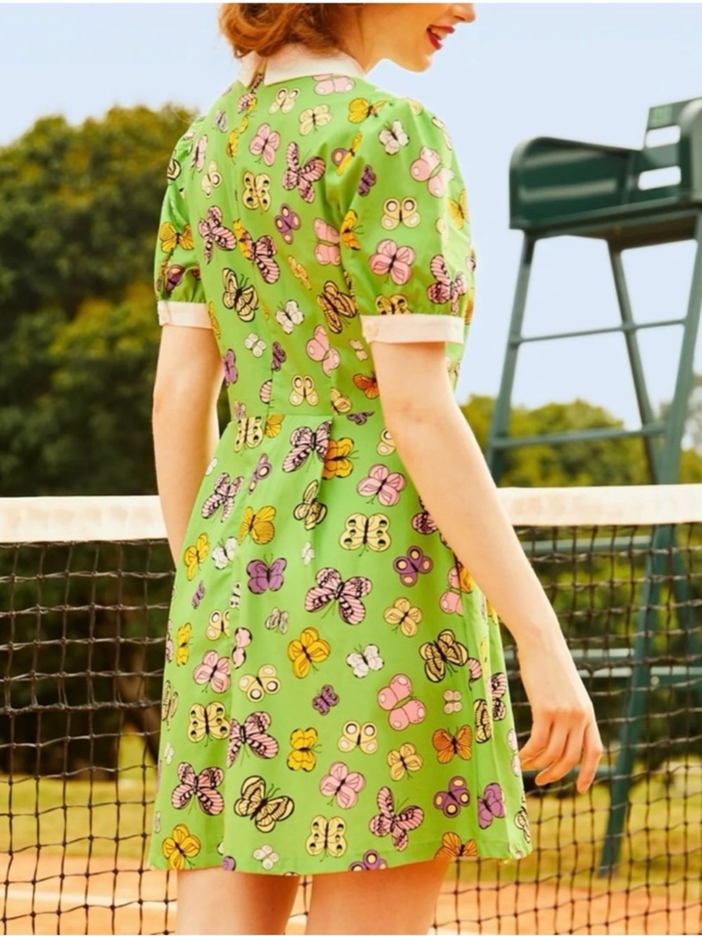 NWT Modcloth Green Butterfly-Print Short Sleeve Mini Dress with White Collar.16W - Picture 4 of 9